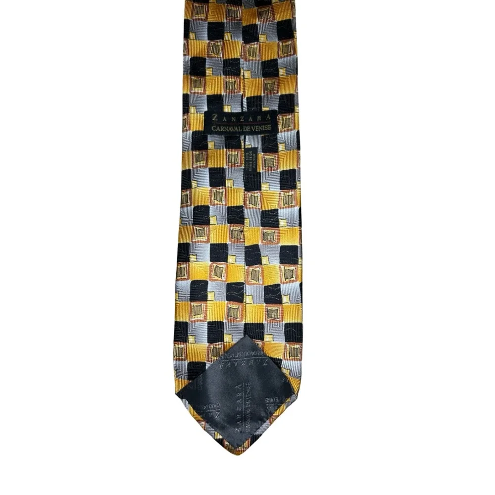 Zanzara Carnaval De Venise Silk Tie Gold Black Silver Geometric Made in Italy